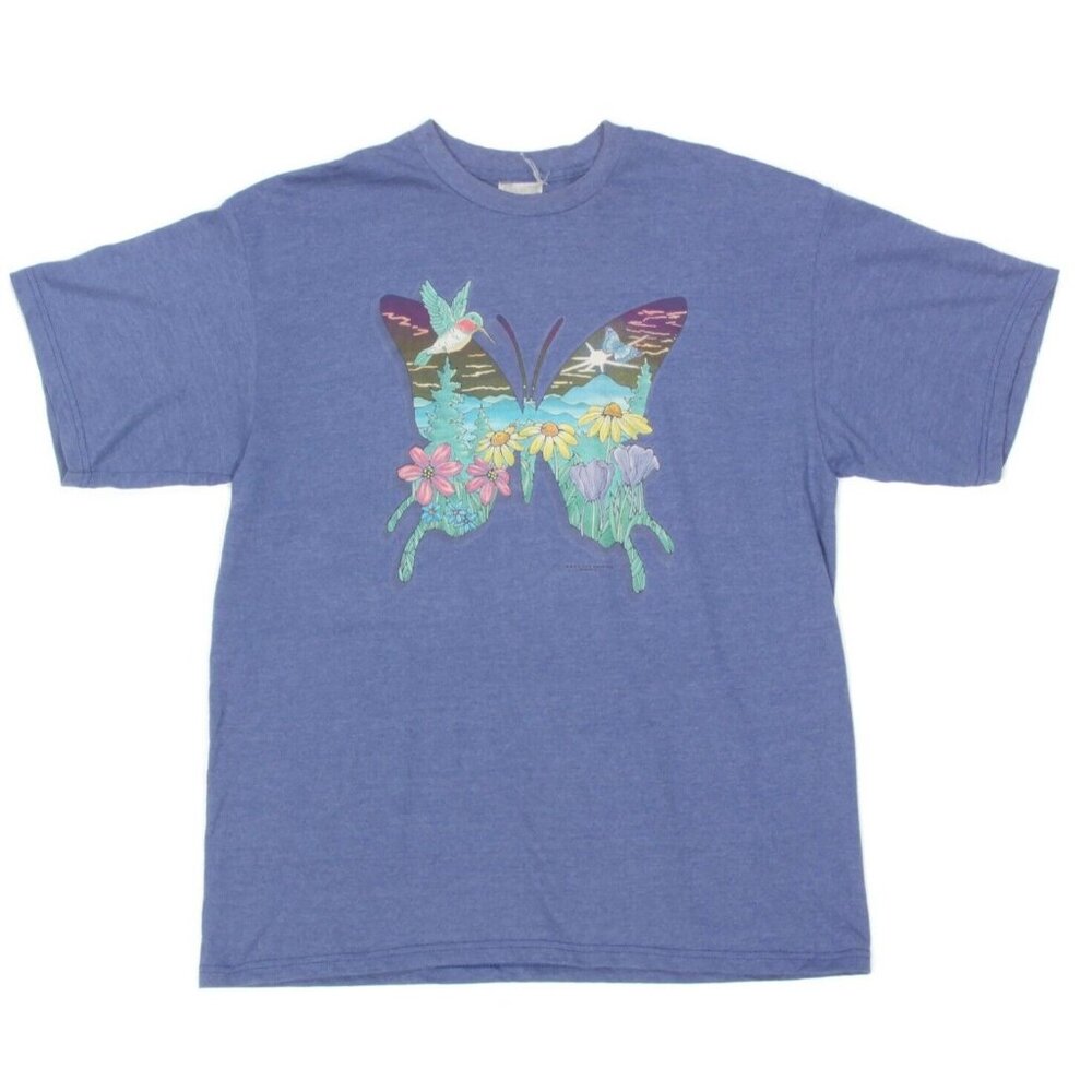 Vintage 90s Nature Butterfly Hummingbird Blue Men's T-Shirt 1999 Tee size L /056 - Picture 1 of 4